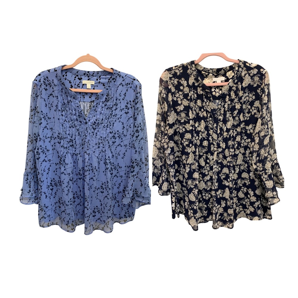 Charter Club Women Large Floral Chiffon Blouse Bundle 2 Tops Pintuck Bell Sleeve